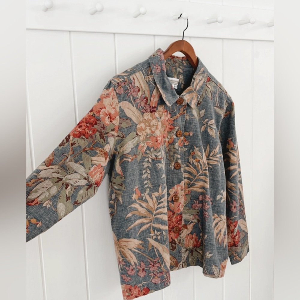 Coldwater Creek Canvas 100% Cotton Floral Jacket Muted Colorful Coastal 2X - Picture 4 of 12